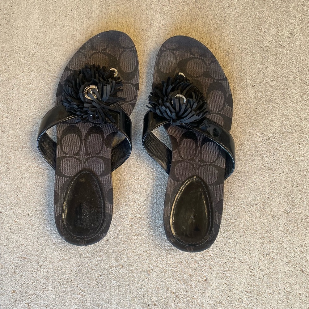 Vintage Y2K Coach Logo Suki Black Thong Slide Canvas Sandals W/ Fringe 90’s 5.5